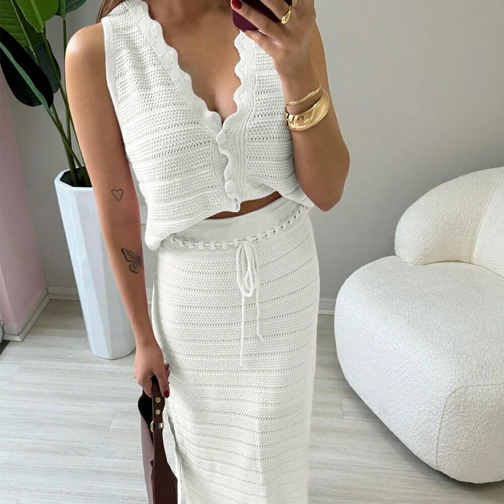 White Casual Women's Two Pieces knit sweater Set